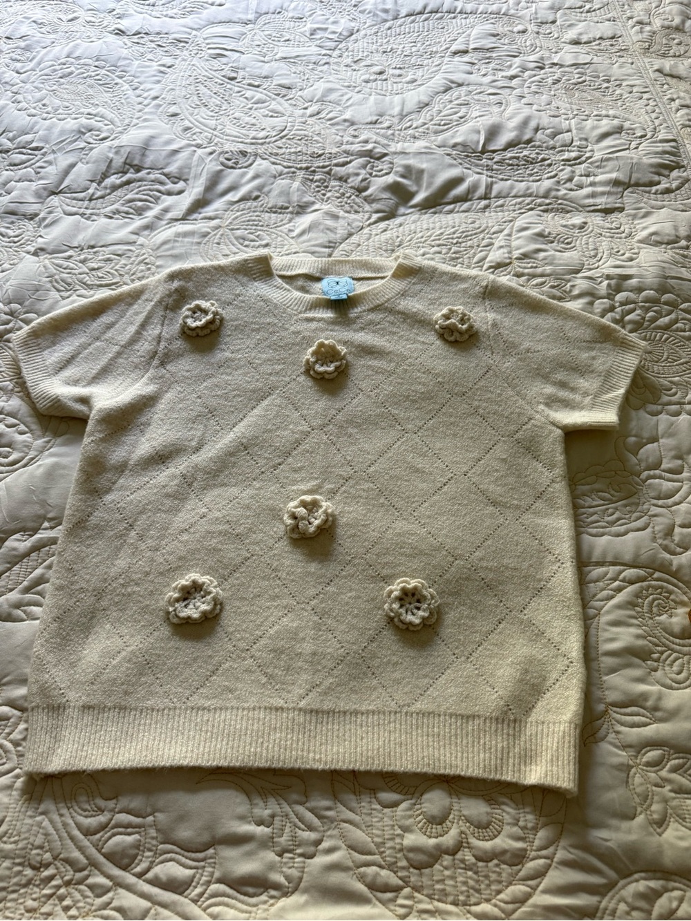 CeCe Cream Floral Applique Short-Sleeve Sweater - Women